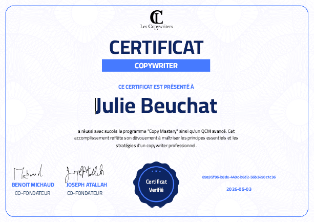 Certificat Copywriter — Programme Copy Mastery, Les Copywriters, validé pour Julie Beuchat le 3 mai 2026