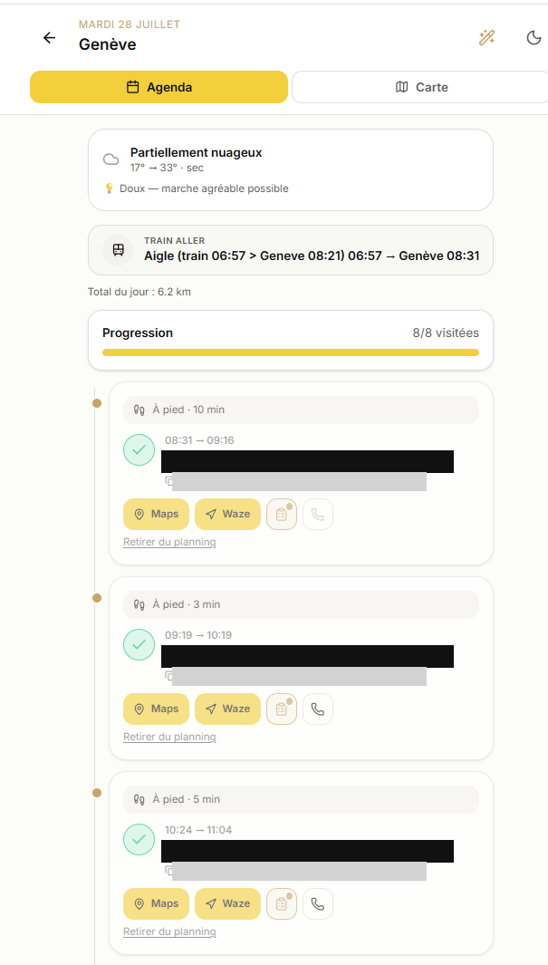 OptiSys : la journée d'une commerciale, train du matin, météo, huit visites calées à l'heure, temps de marche entre chaque agence et accès direct à Maps ou Waze